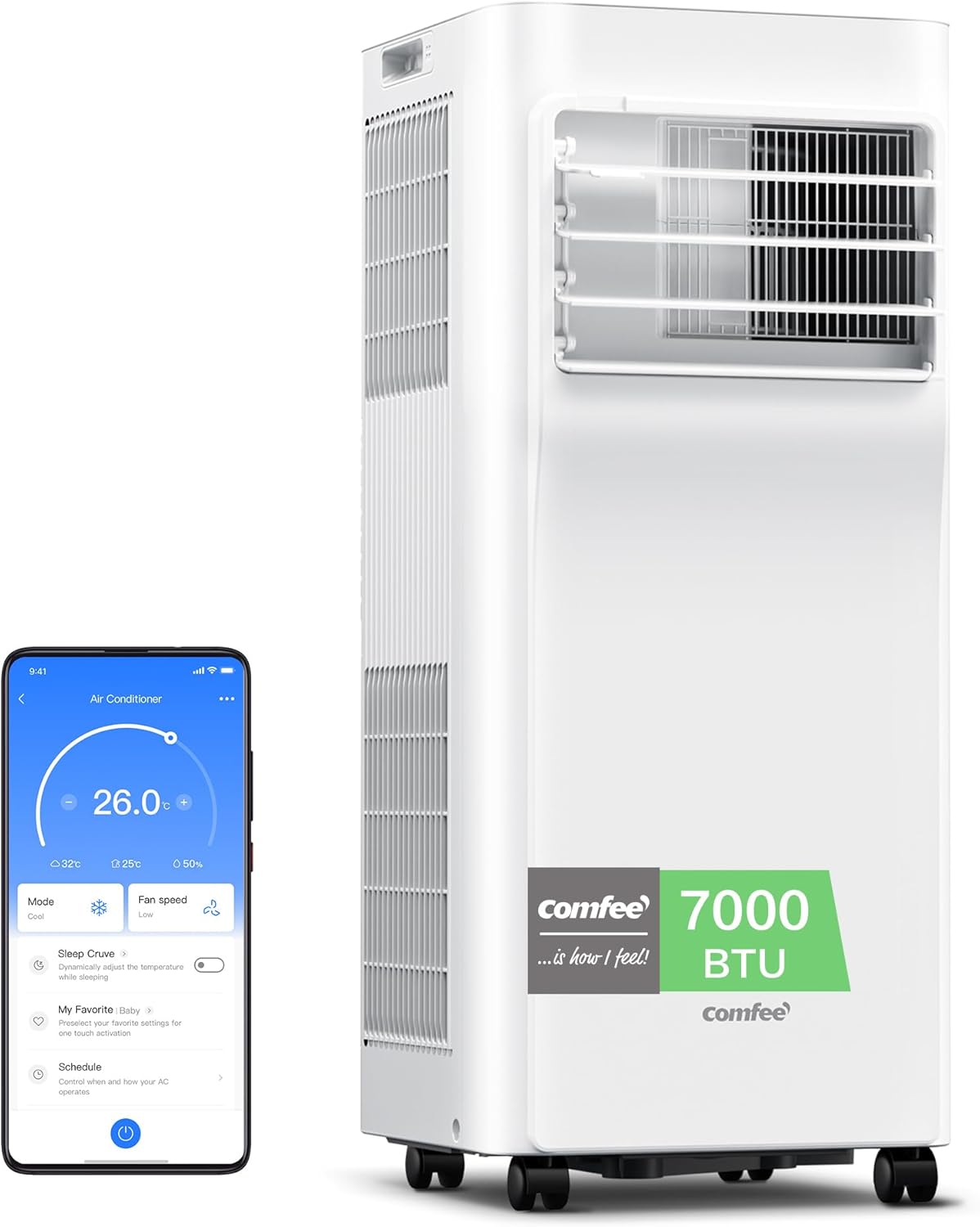 Comfee Breezy Cool 2.0 climatiseur mobile connecté 7000 BTU 2,0 kW 3-en-1, R290, app, 25 m²