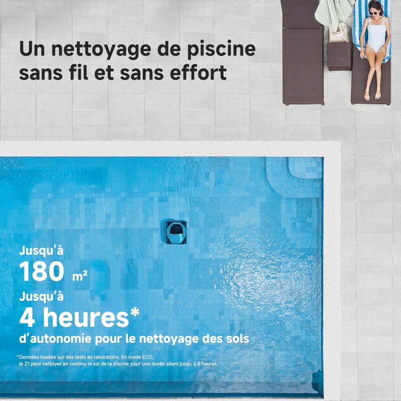 Dreame Z1 — robot piscine sans fil 180 m², 30 m³/h, fond parois ligne d'eau, 240 min, app